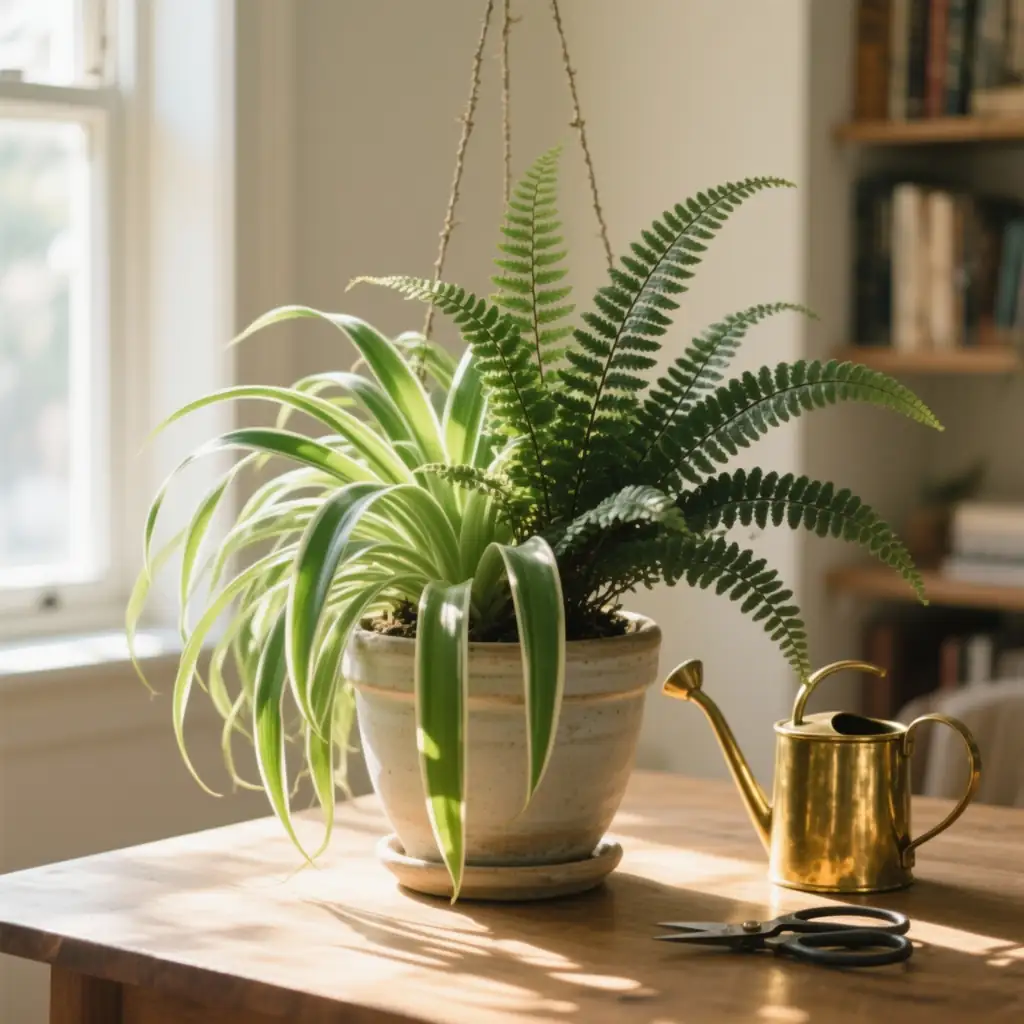 spider plant and maidenhair fern together