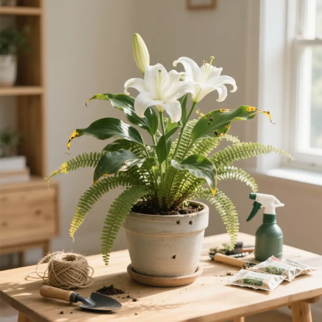peace lily and maidenhair fern arrangement