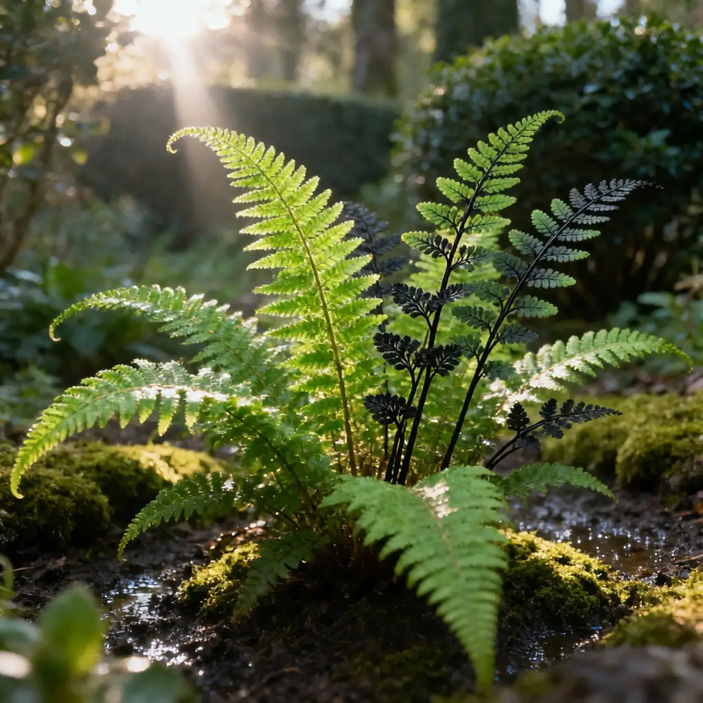 boston fern and maidenhair fern in garden