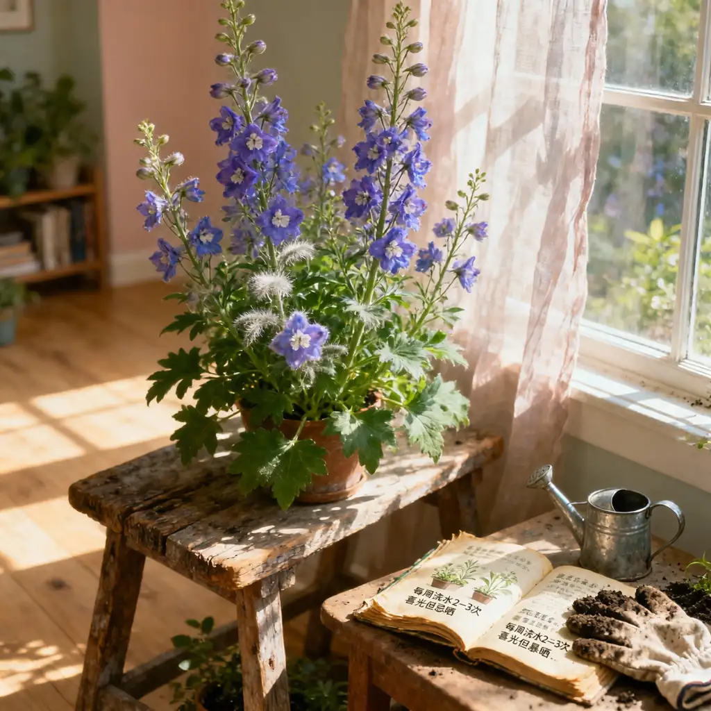 delphinium with warning sign