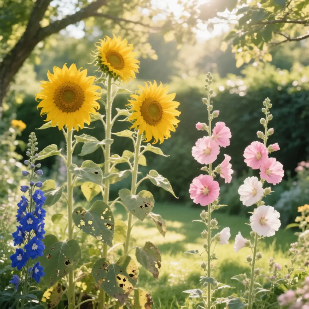sunflowers hollyhocks garden border