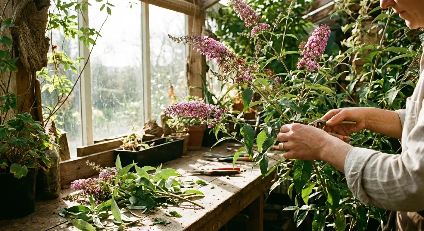 Gardener pruning Buddleja davidii
