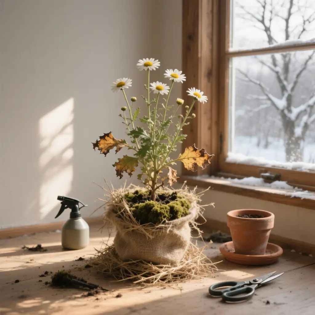 daisy plants with winter mulch