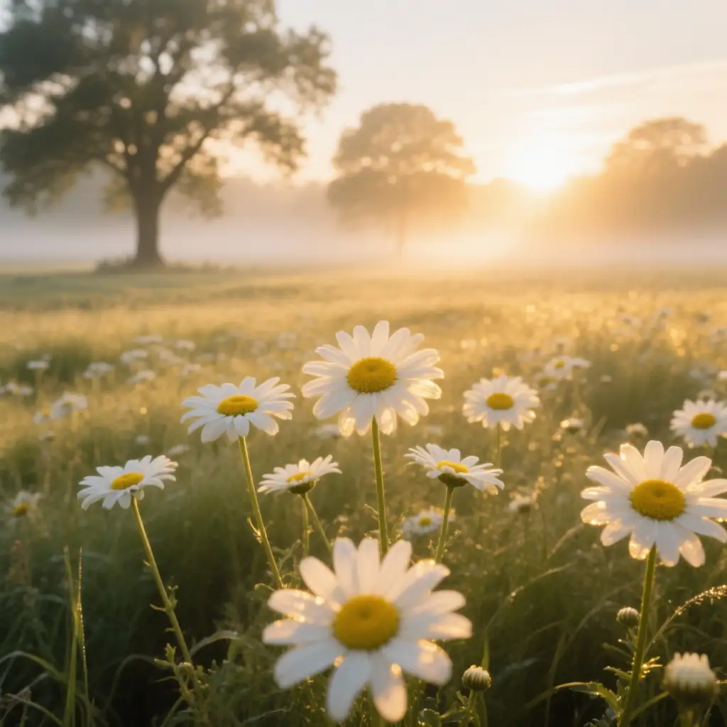 daisy flower opening at sunrise