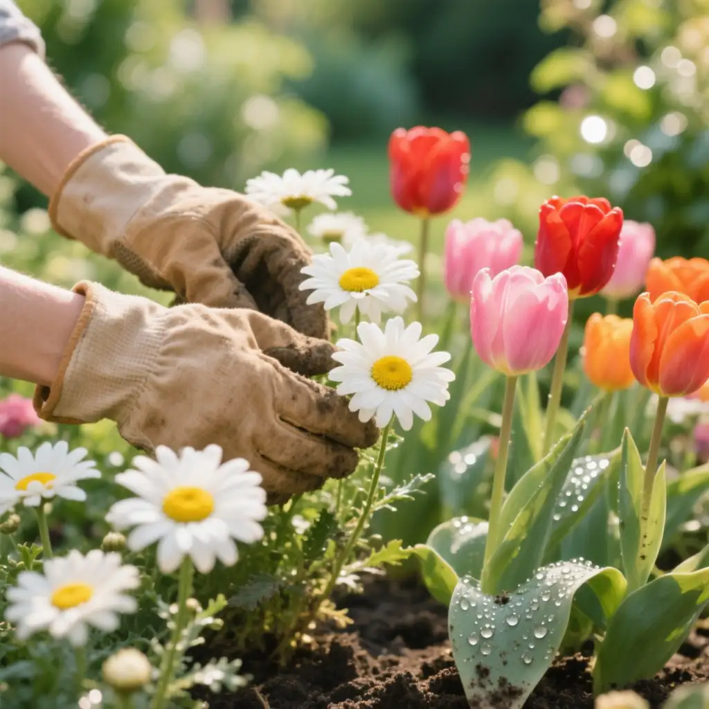 daisies with tulips garden