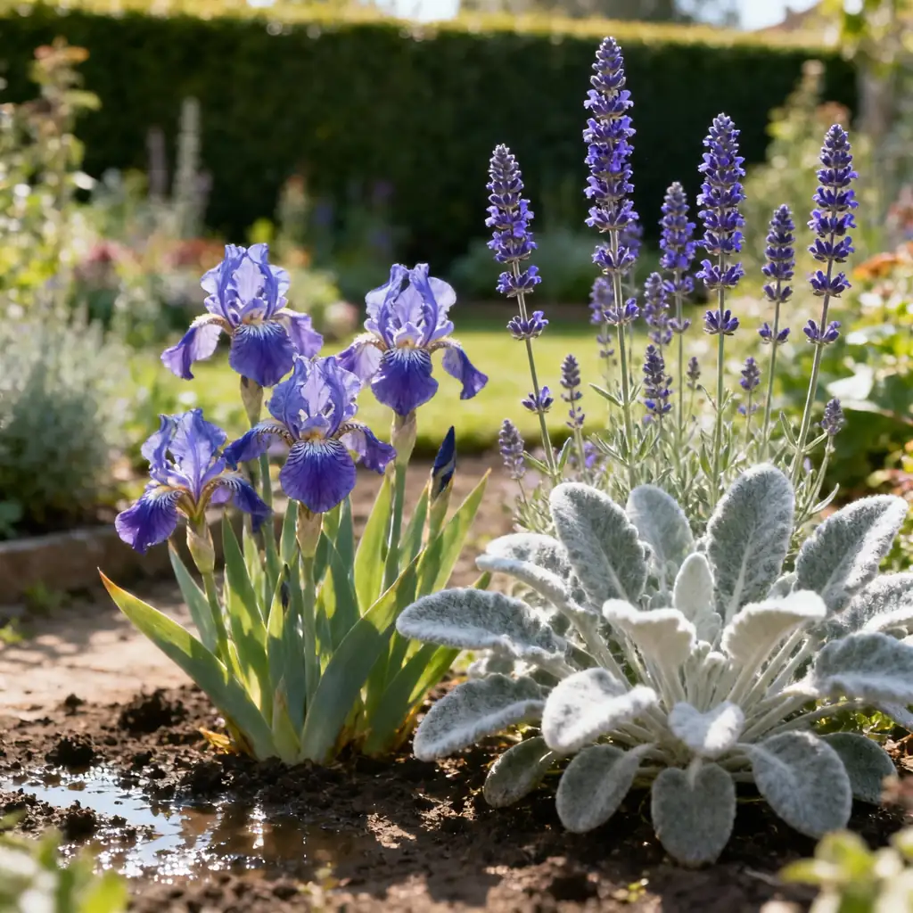 irises with Russian sage and lamb's ear