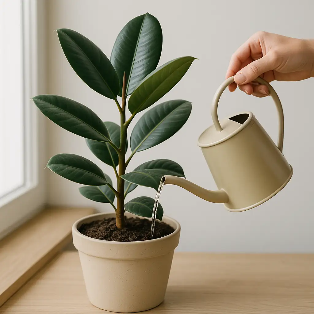 watering rubber plant soil drying