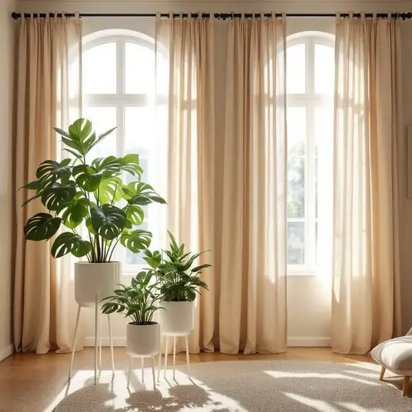 indoor plants with curtain-filtered light