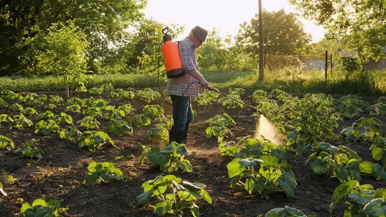 gardener applying fungicide spray