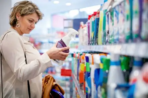 disinfectant bottles on shelf