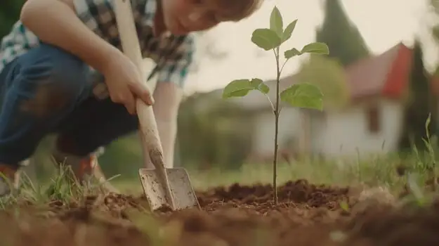 child observing seedling growth