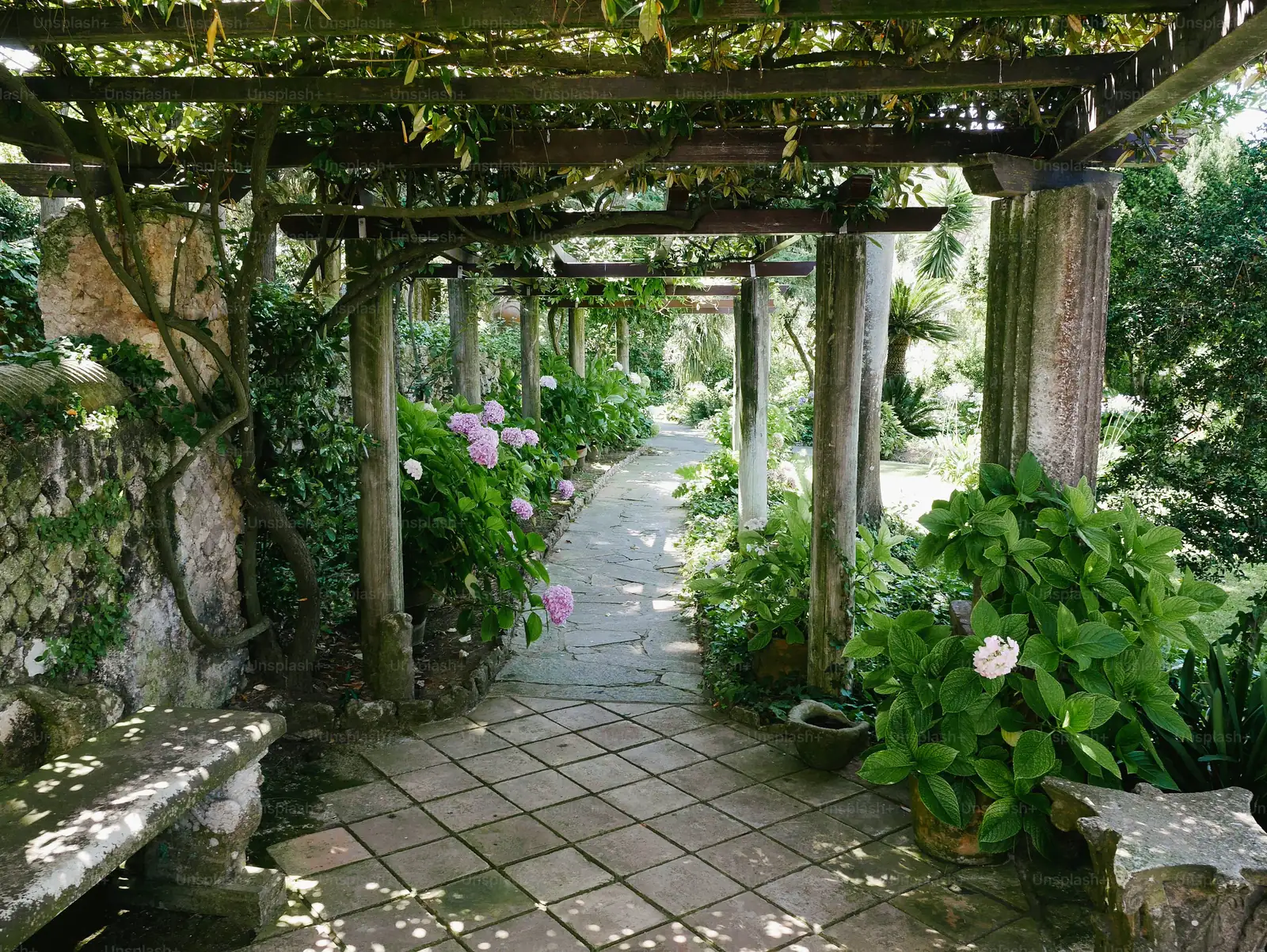 shade garden pathways seating