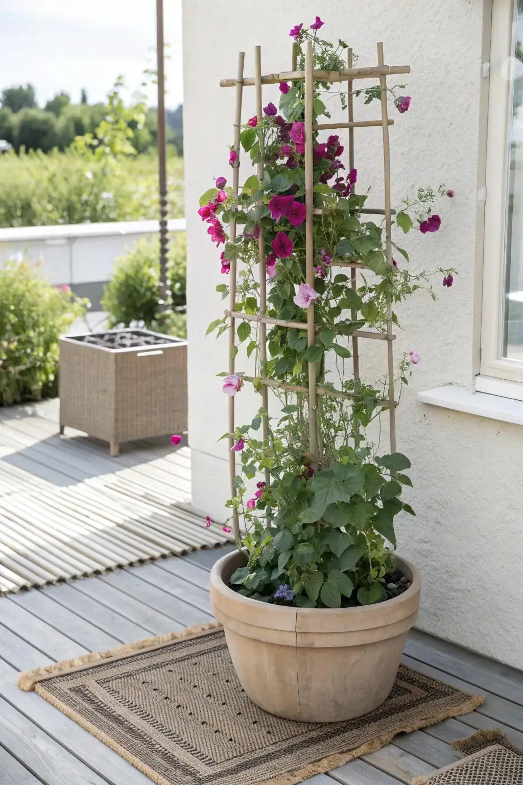 Modern garden with sweet peas on trellis
