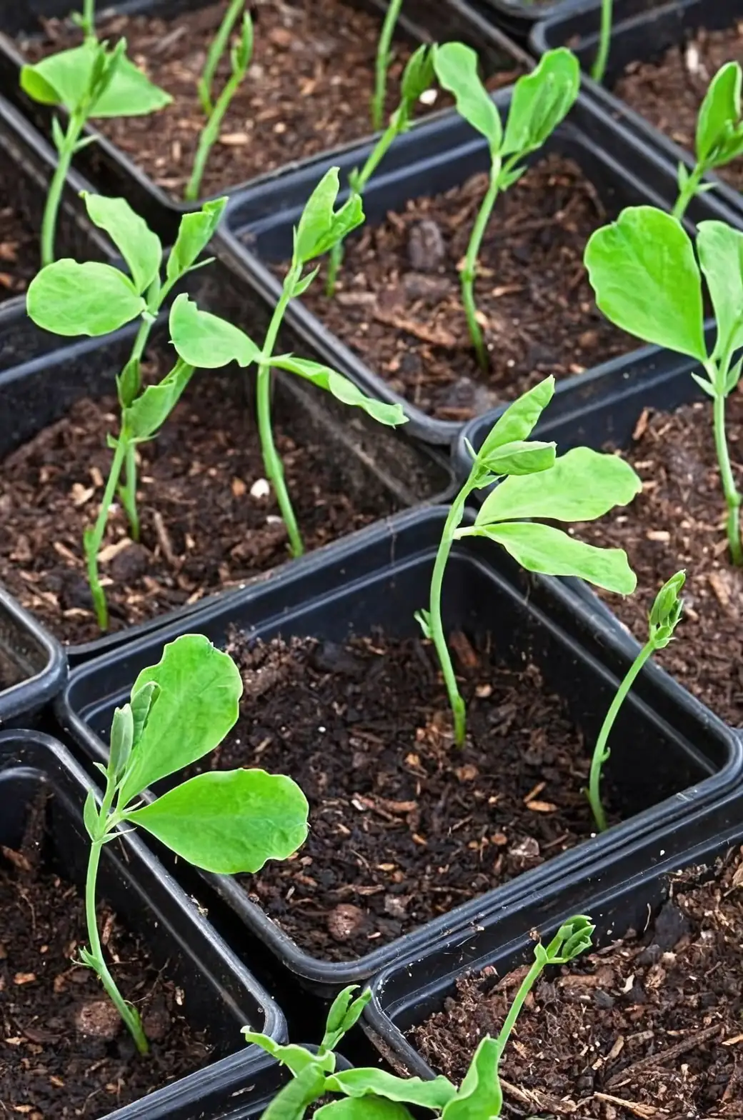 sweet pea seedlings in pots