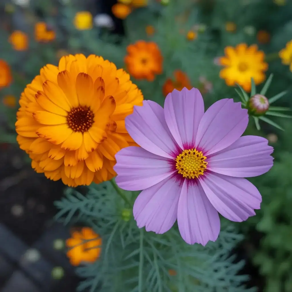 marigolds and cosmos together