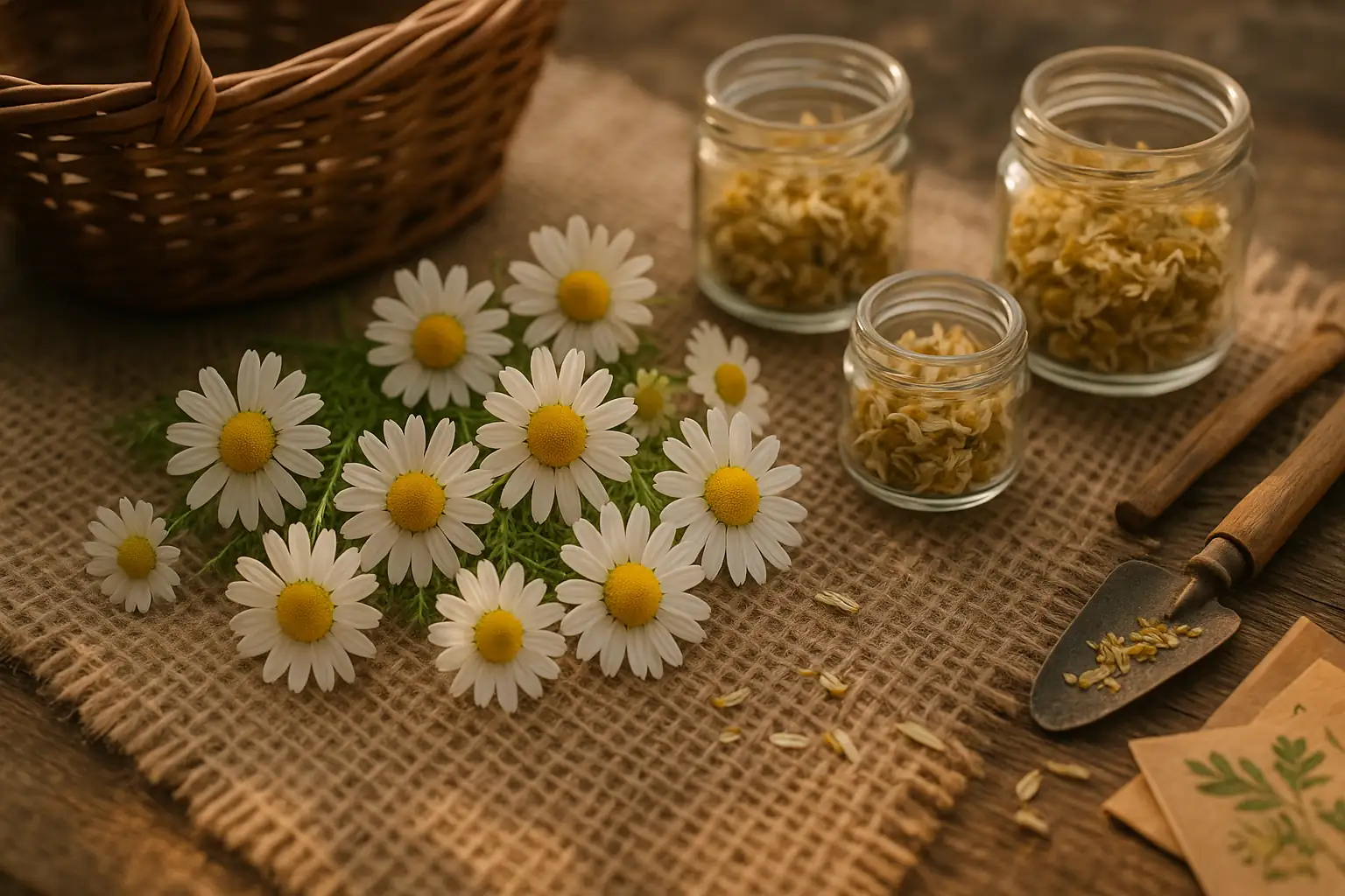 chamomile drying on mesh screens