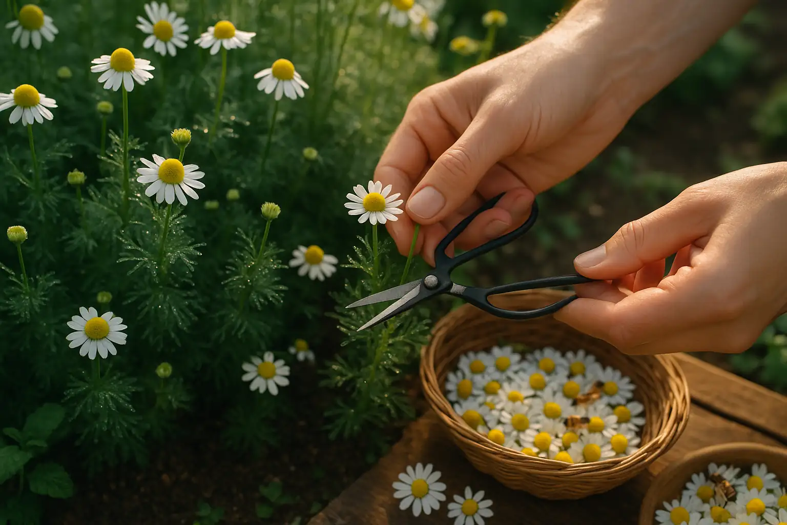 harvesting chamomile flowers basket morning