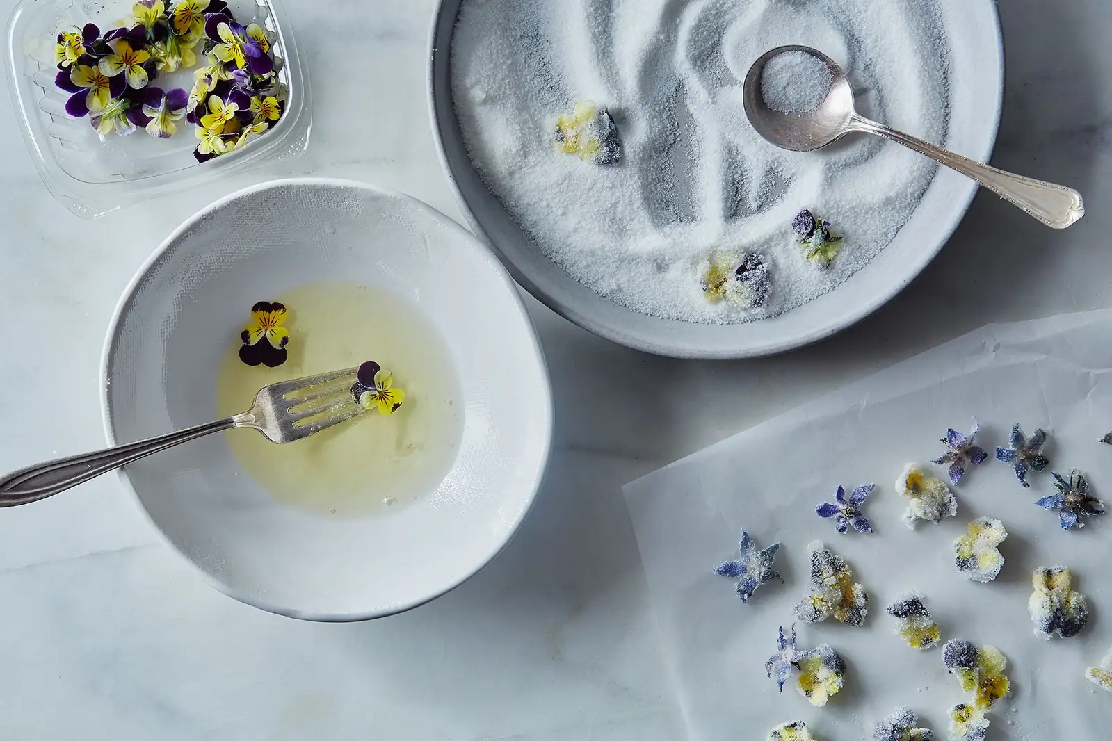 crystallized violet flowers dessert plate