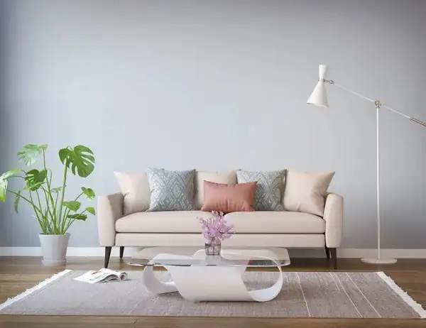 large monstera next to sofa