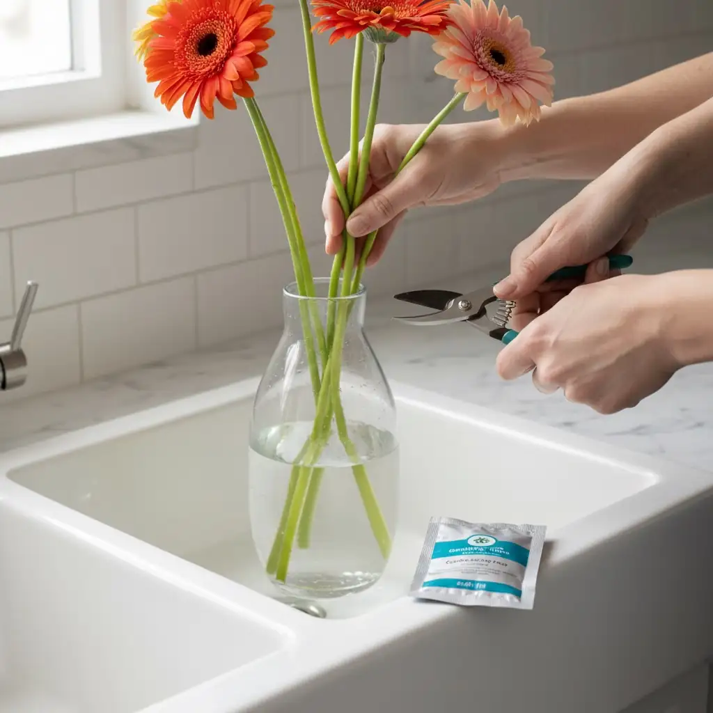 gerbera vase water change hands