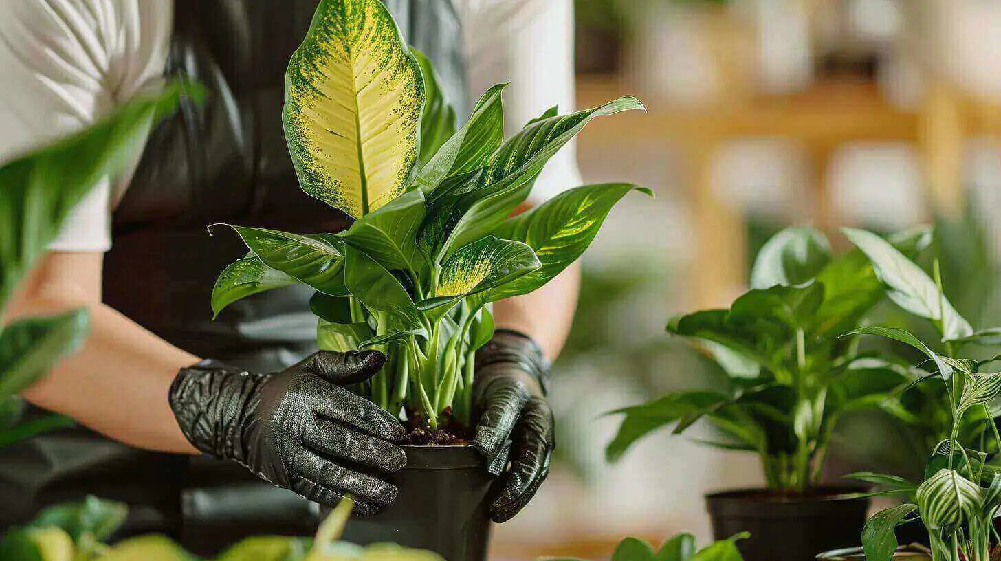 dumb cane repotting hands