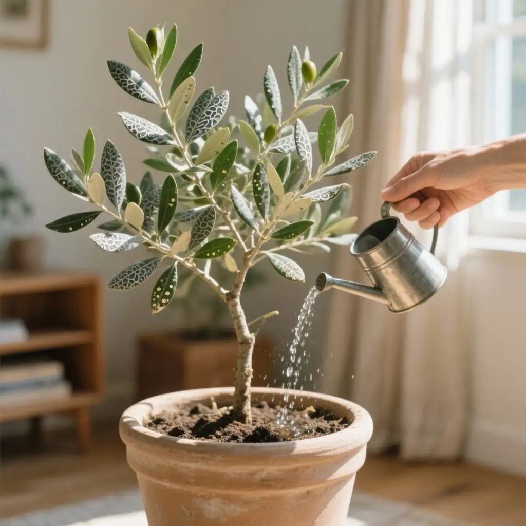 watering olive tree garden