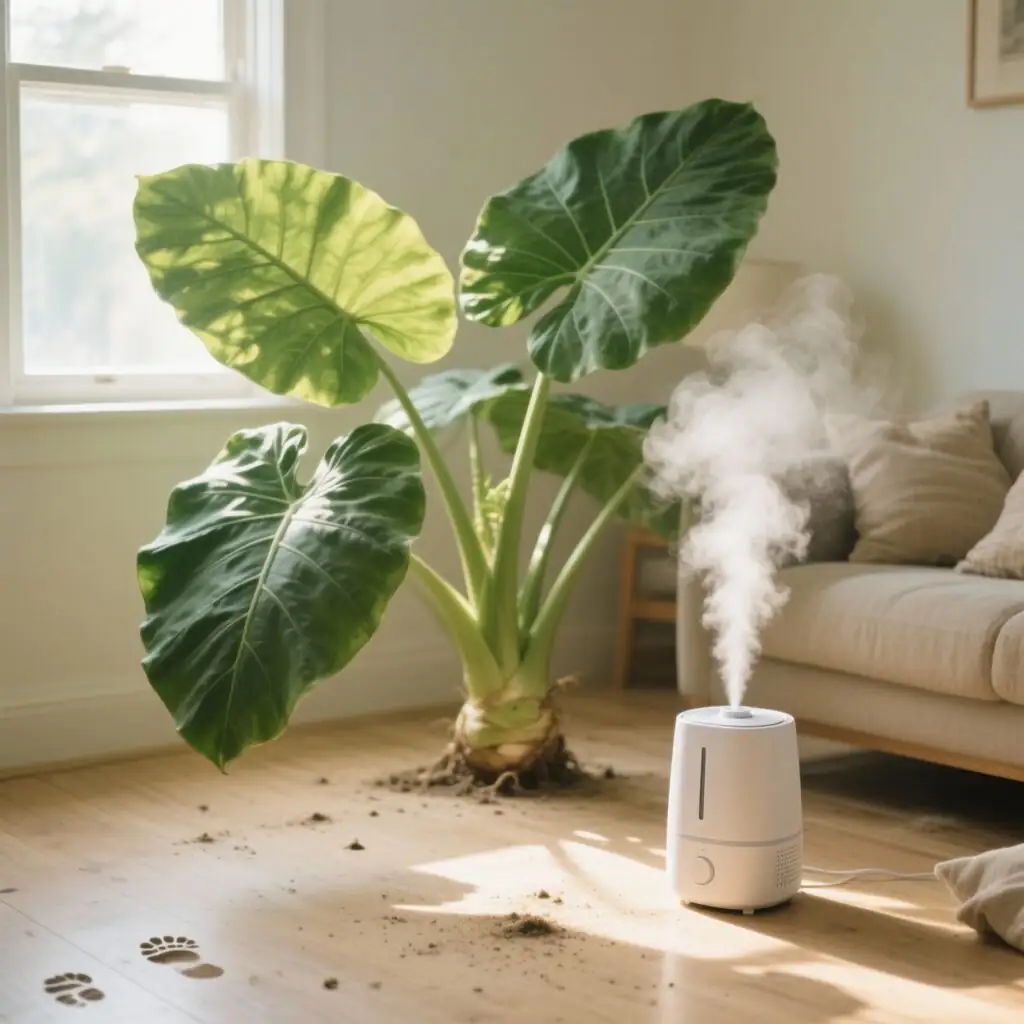 humidifier near alocasia plant