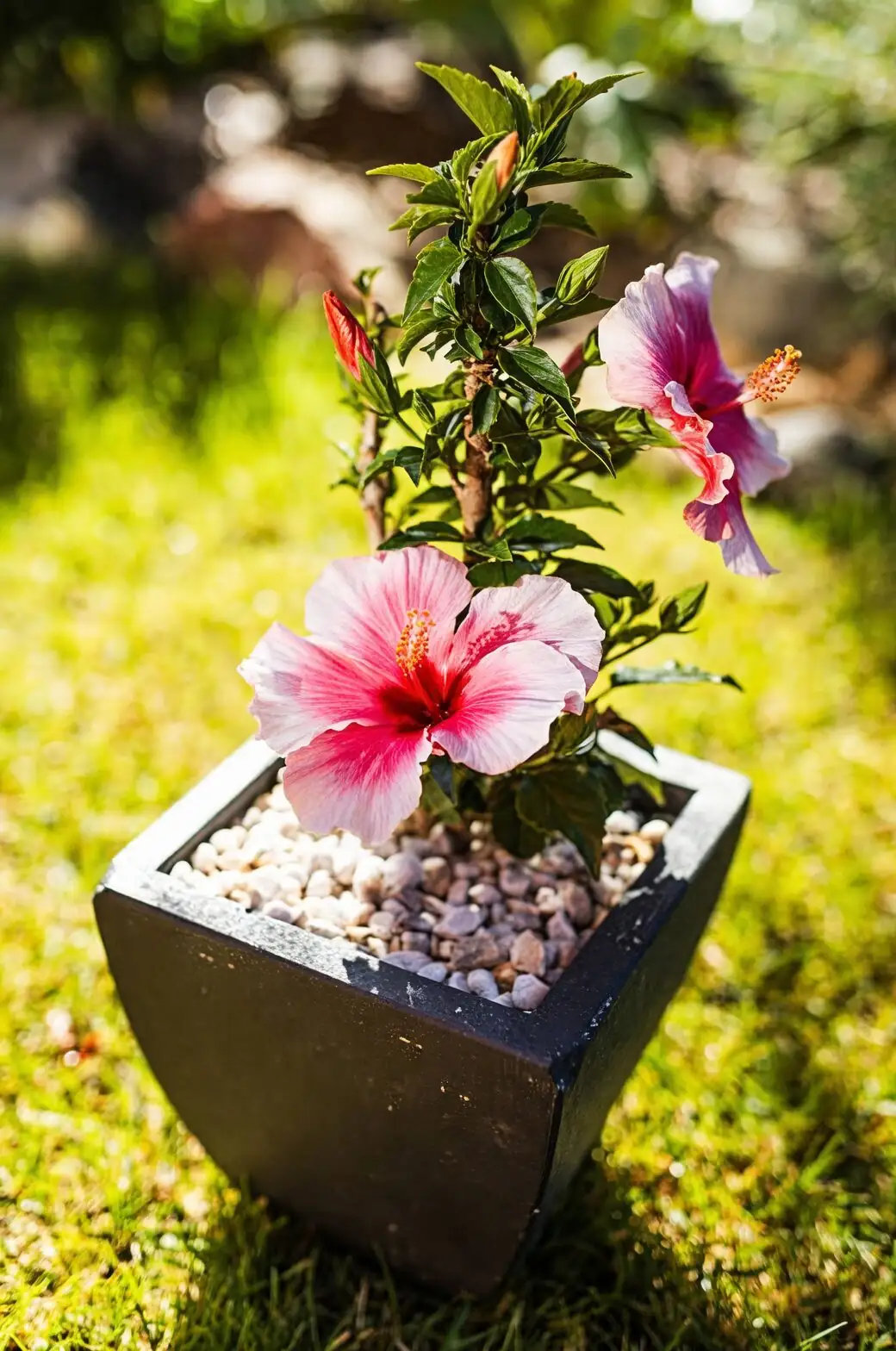 Chinese hibiscus watering outdoor pot