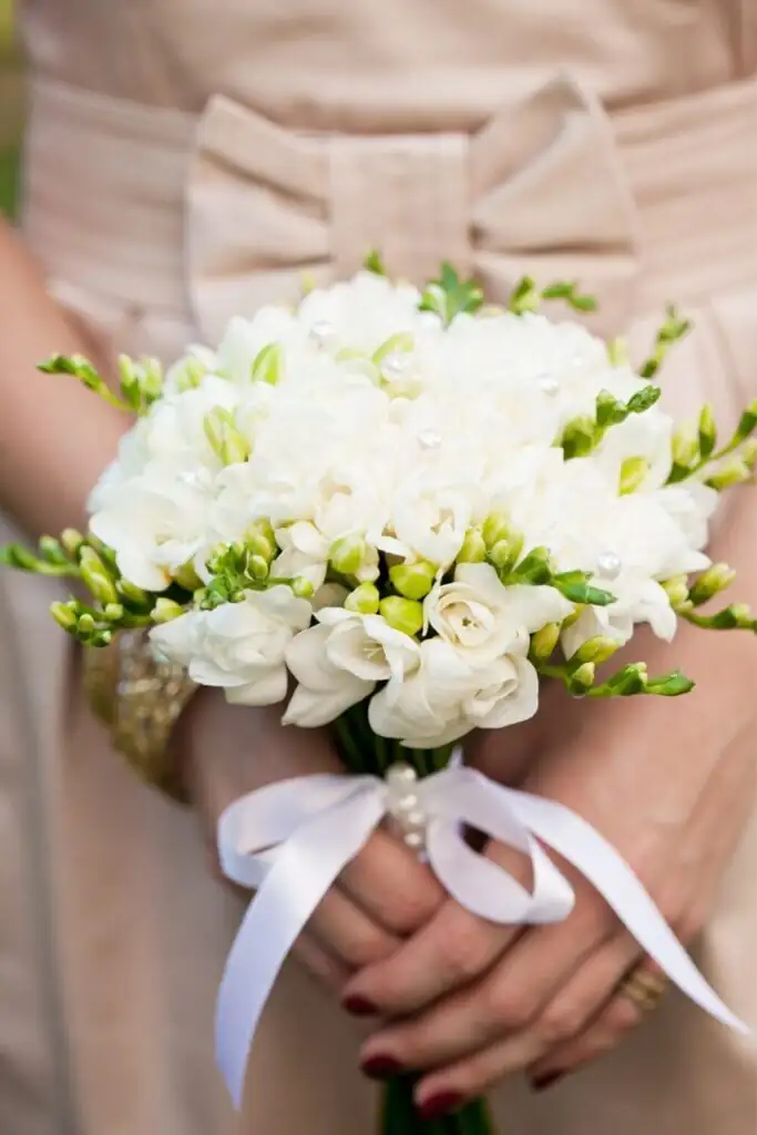 white freesia bridal bouquet ribbon