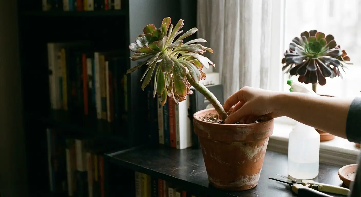 Aeonium Zwartkop stretching indoors