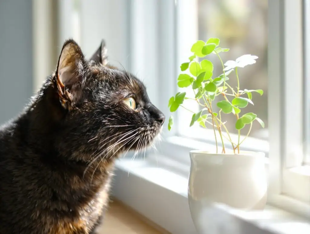 cat sniffing cape shamrock plant