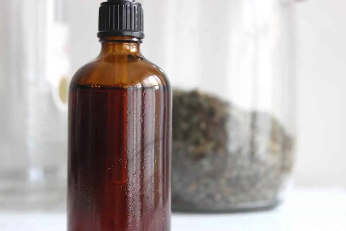 dried peppermint leaves in amber jar