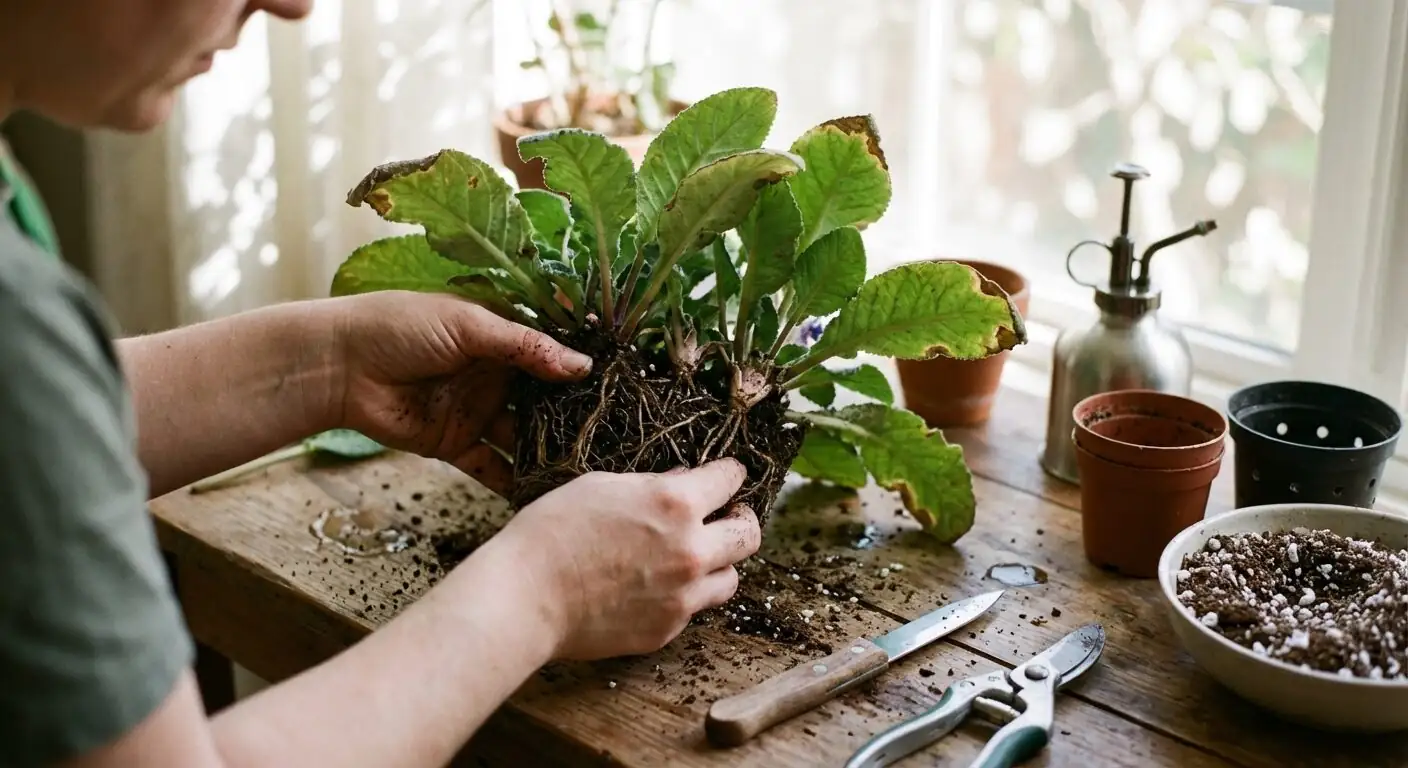 streptocarpus division roots in hands