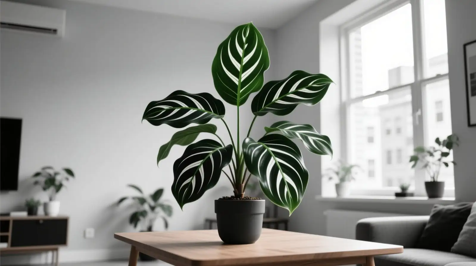 calathea lancifolia with humidifier hygrometer