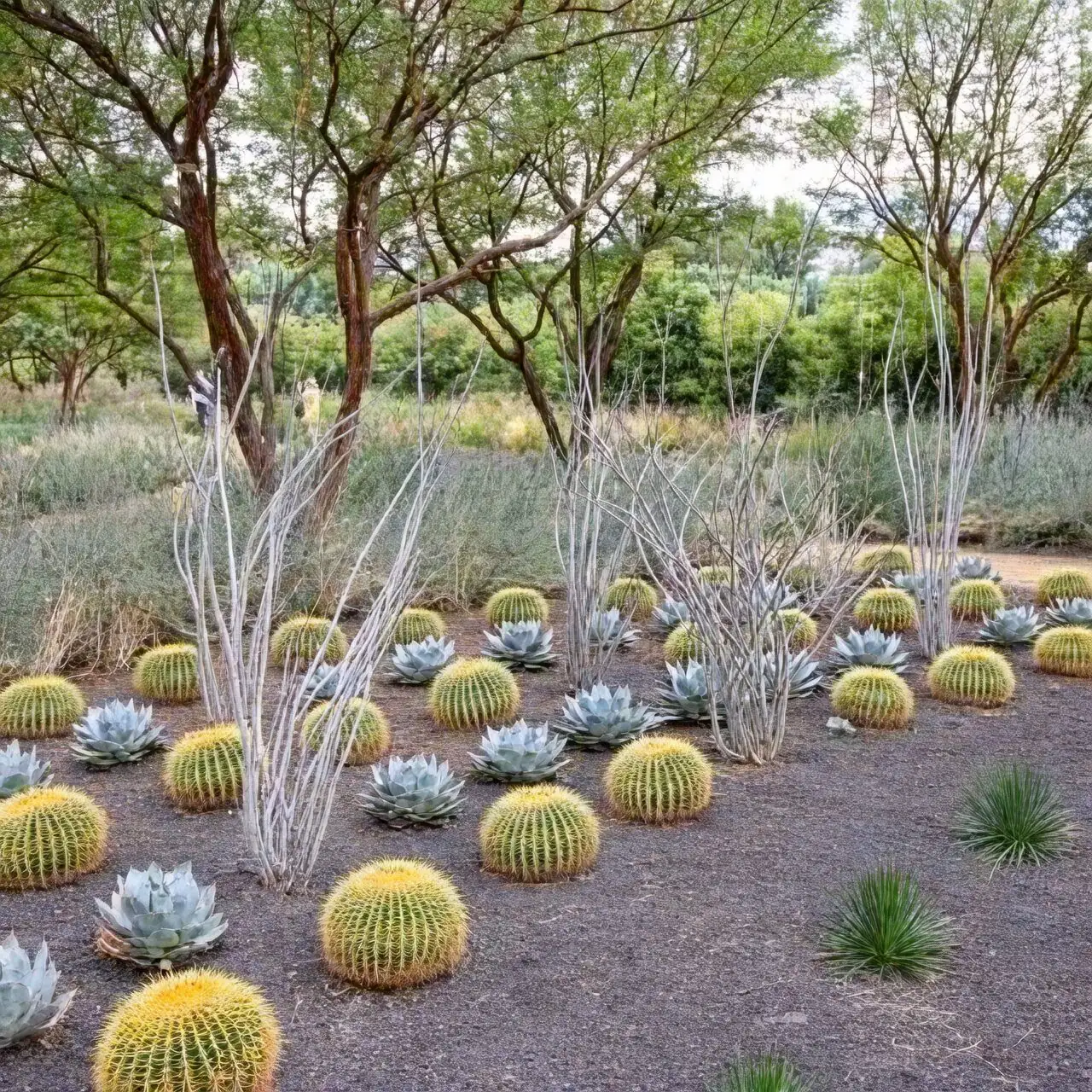 golden barrel cactus path border boulders