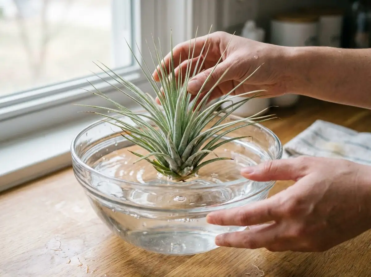 Tillandsia juncea soaking hands
