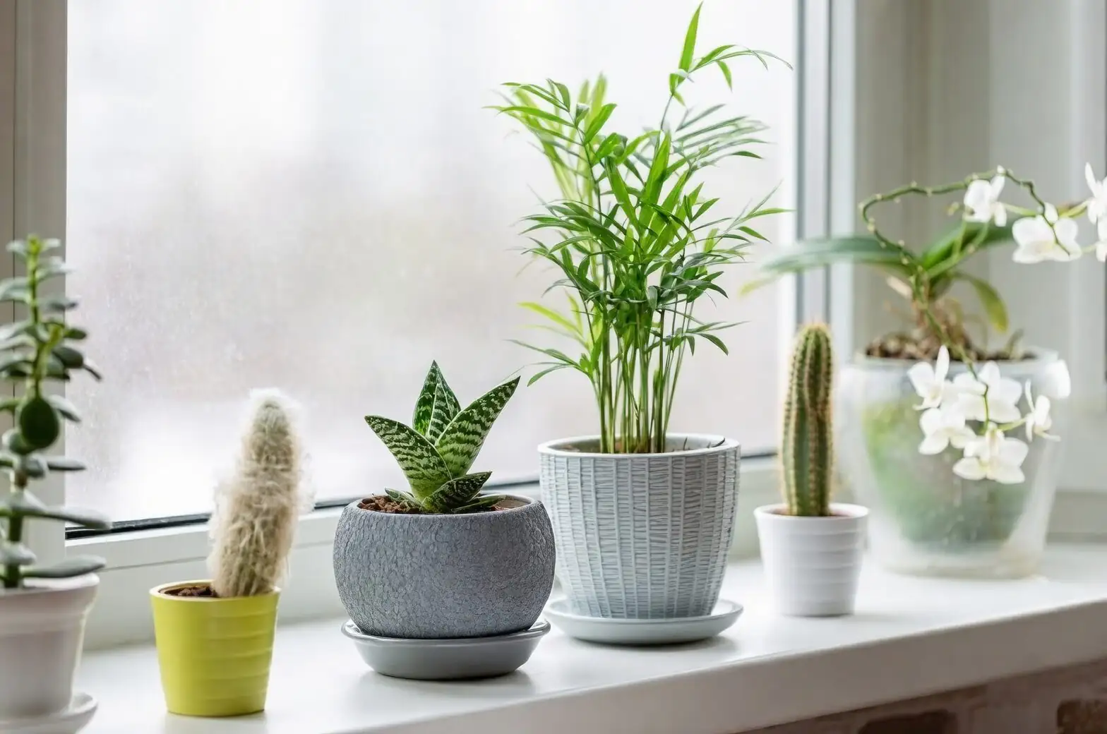 watermelon peperomia with cacti sunny window