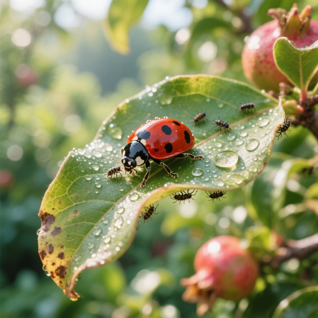 ladybugs juu ya majani ya komamanga