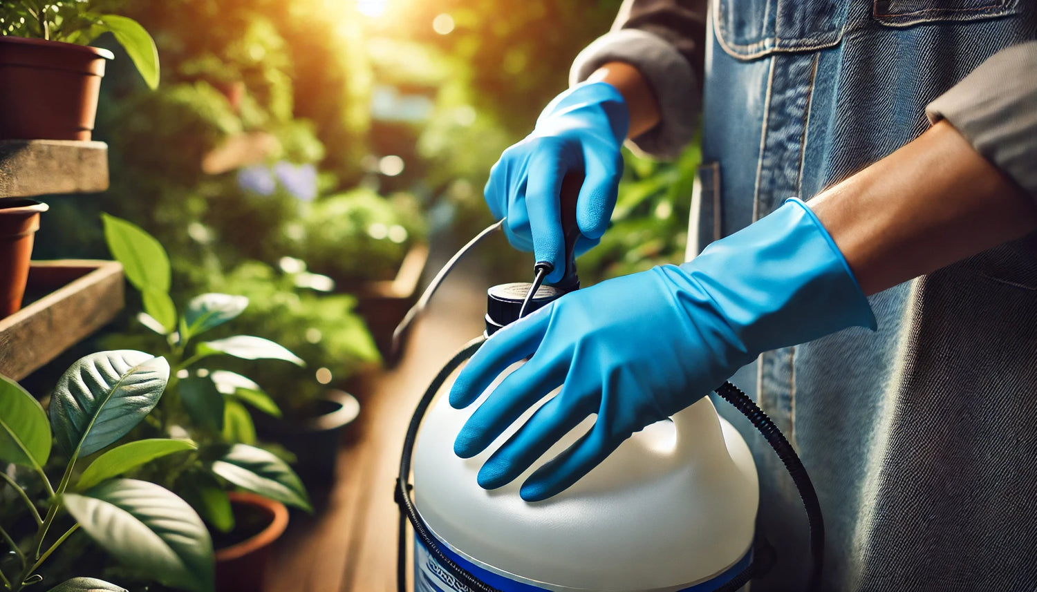person wearing gloves applying insecticide