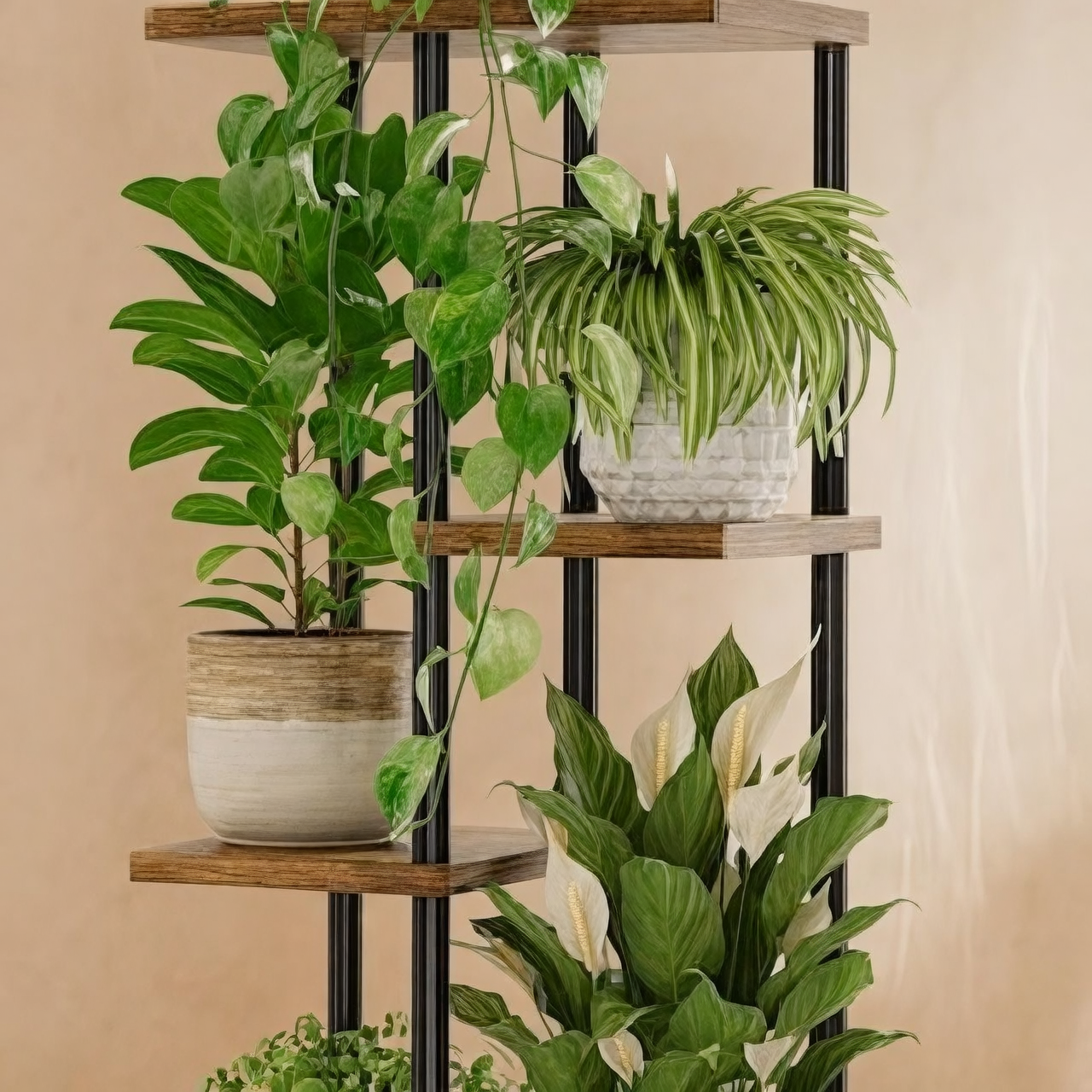 tiered plant stand with mixed plants