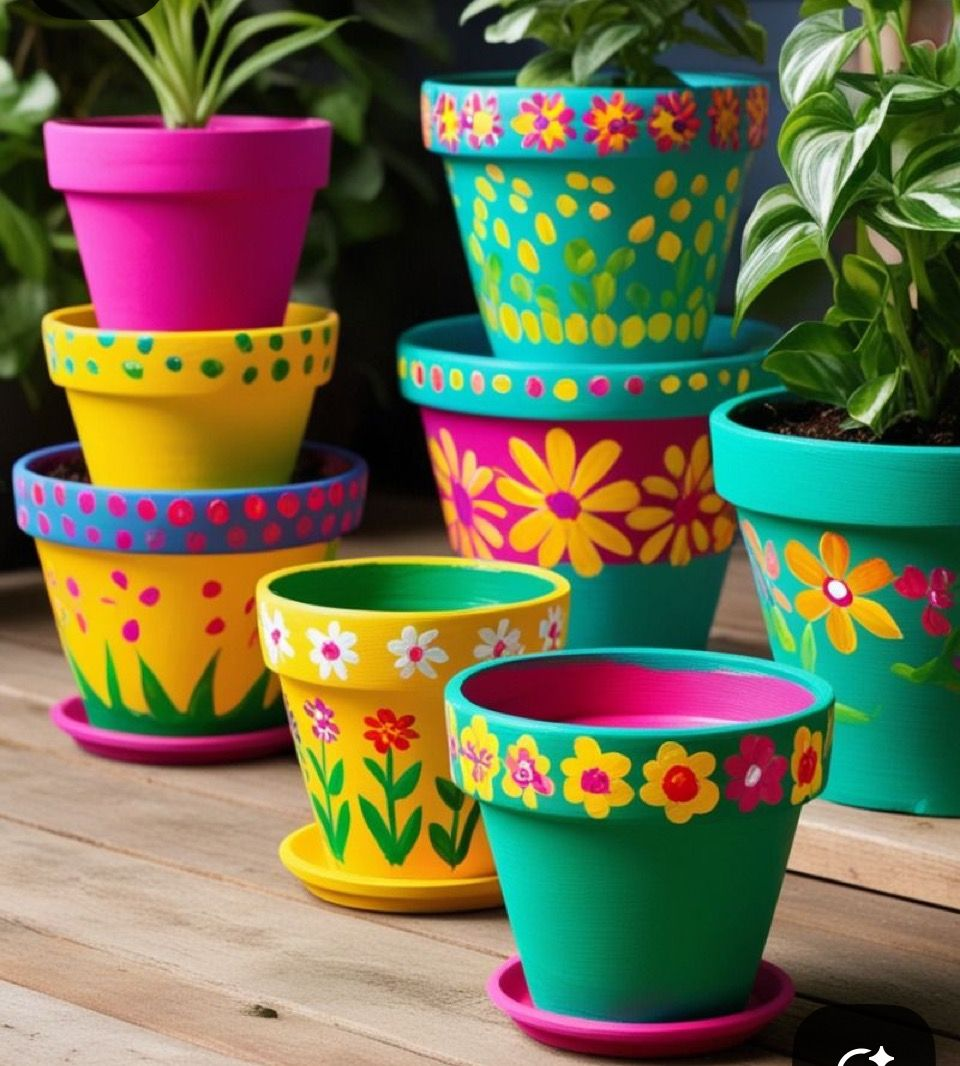 colorful plant pots with greenery