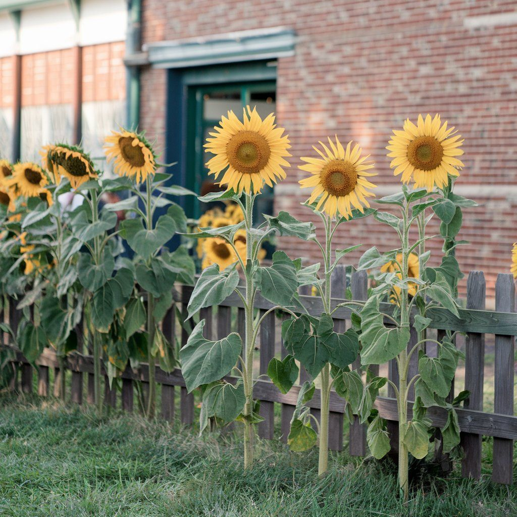 sunflowers along fence east-facing