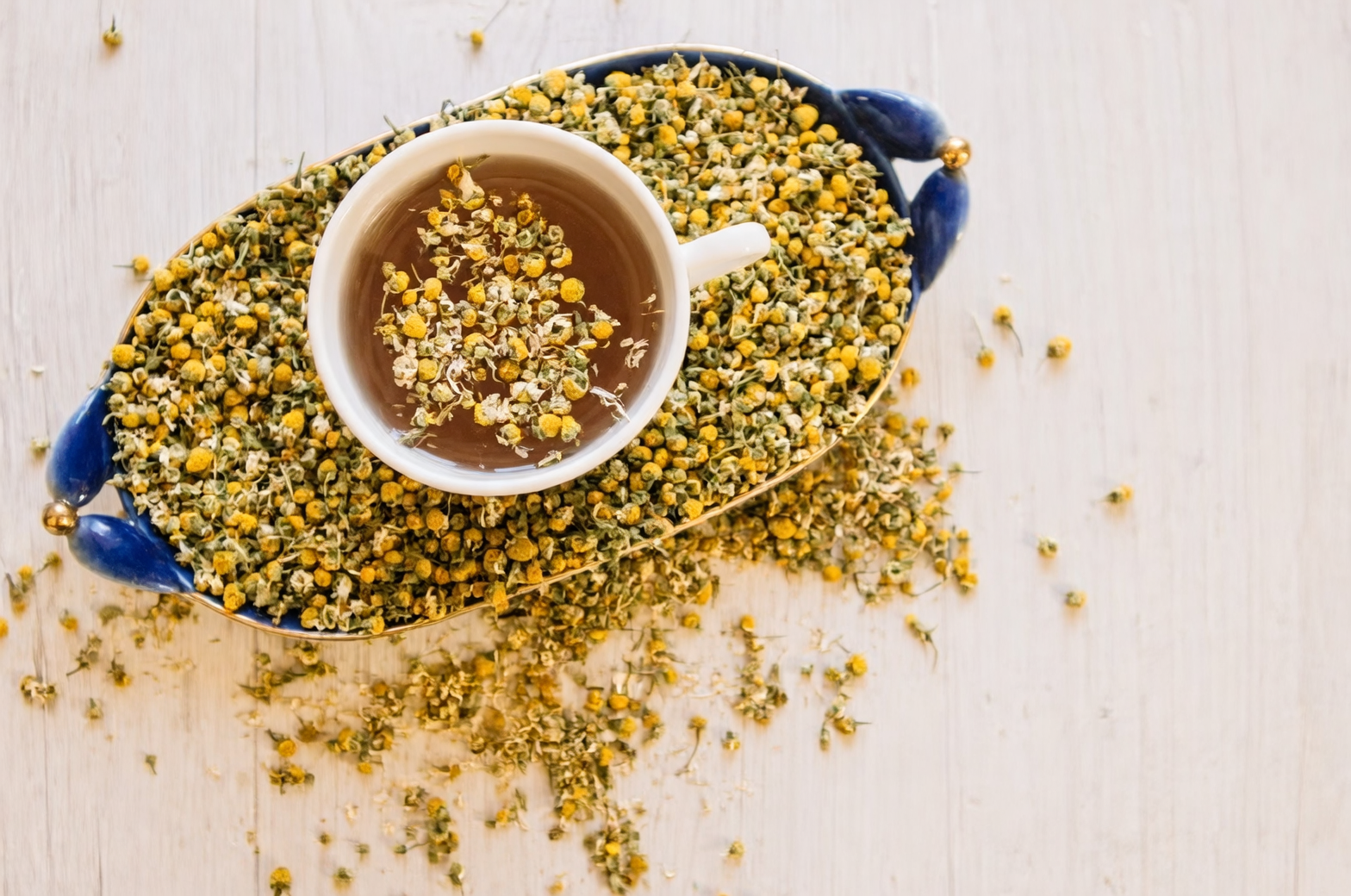 chamomile tea brewing dried flowers
