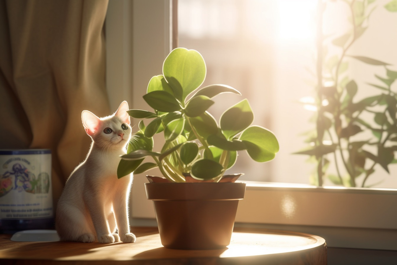 cat smelling peperomia obtusifolia