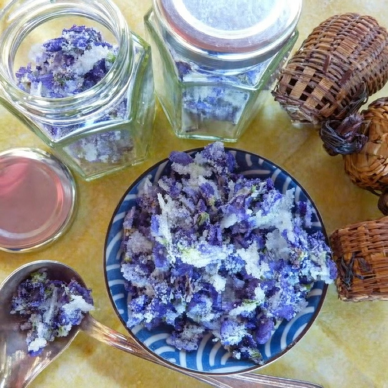 crystallized sweet violet petals close-up