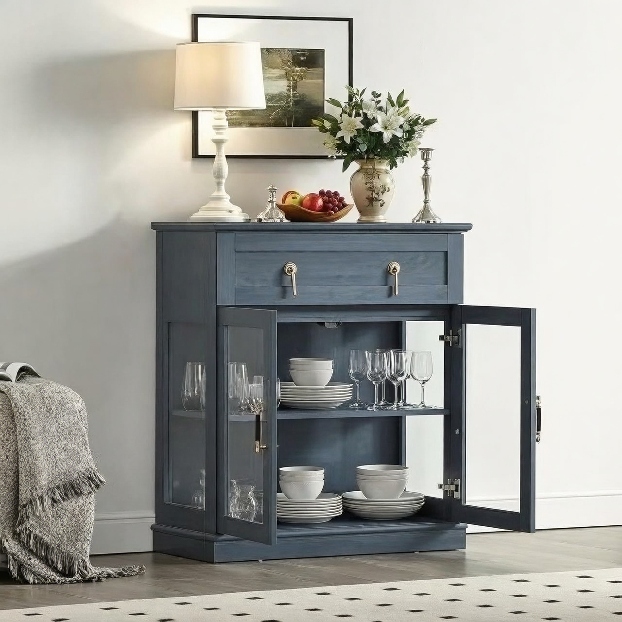 hydrangea in glass cabinet