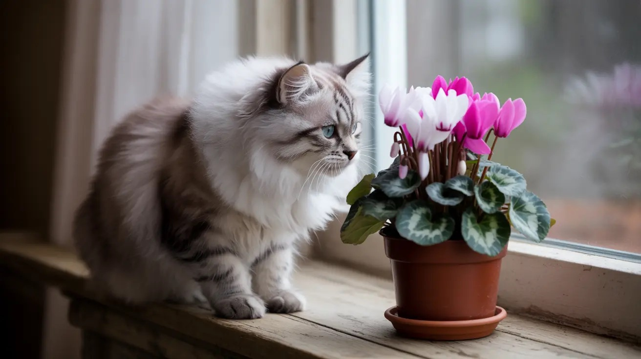 cyclamen on high shelf cat