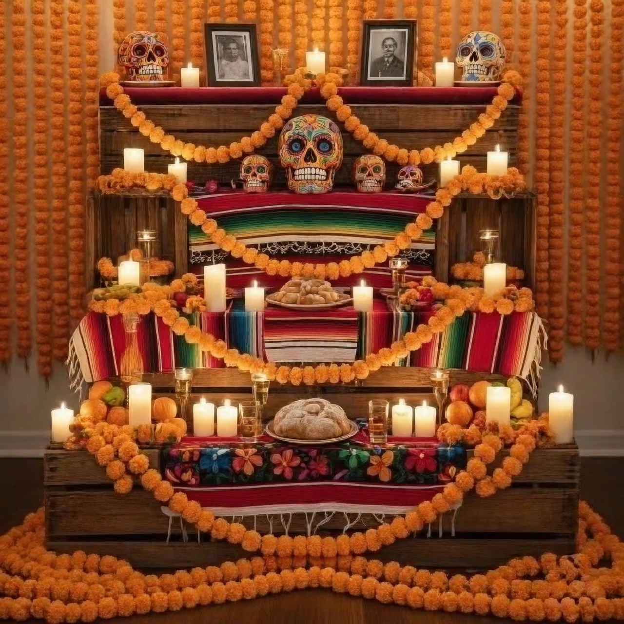 marigold garlands Dia de los Muertos altar