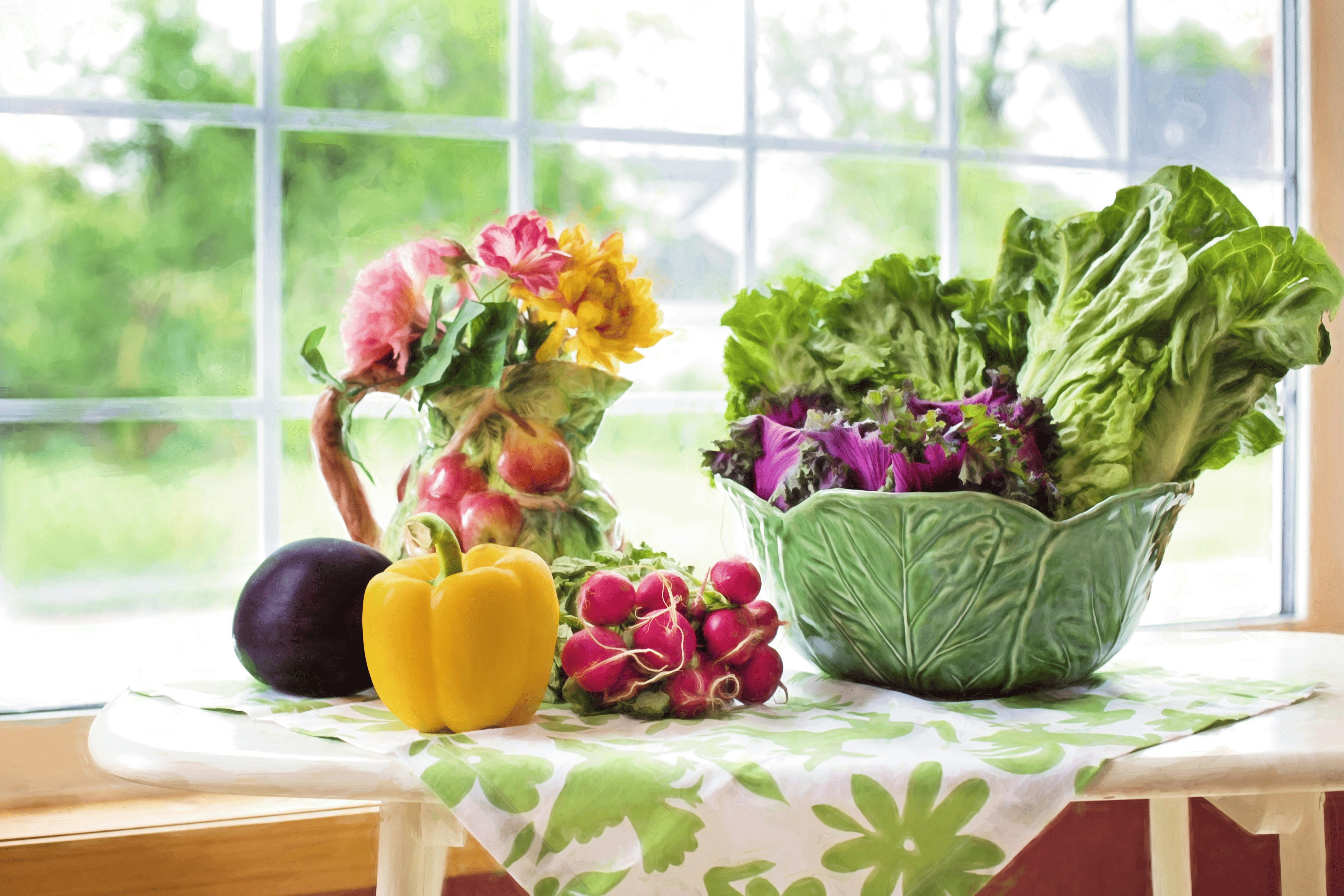gloxinia beside fruit bowl kitchen