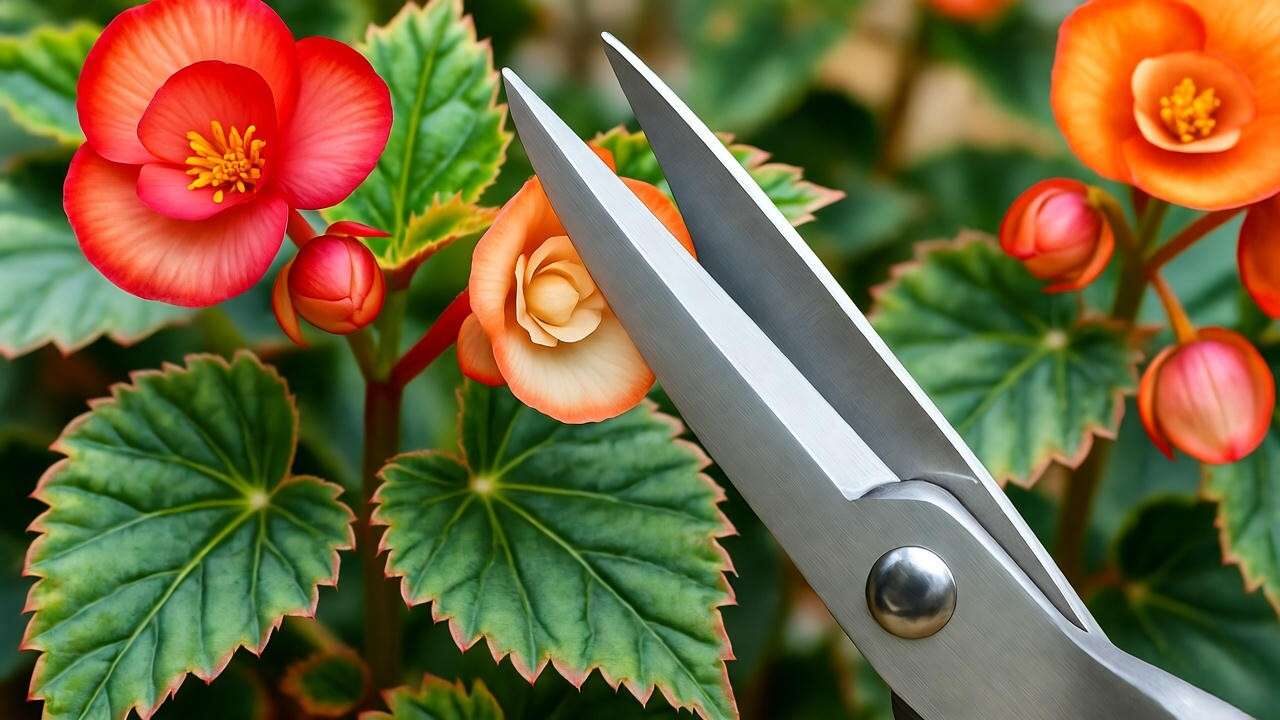 Rieger begonia deadheading with scissors